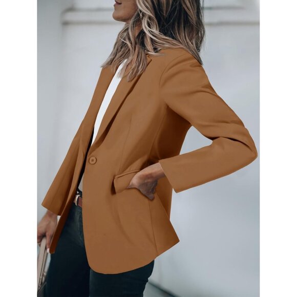 Women’s Brown Cicy Bell Casual Blazer Open Front Long Sleeve Office Suit - Picture 3 of 5
